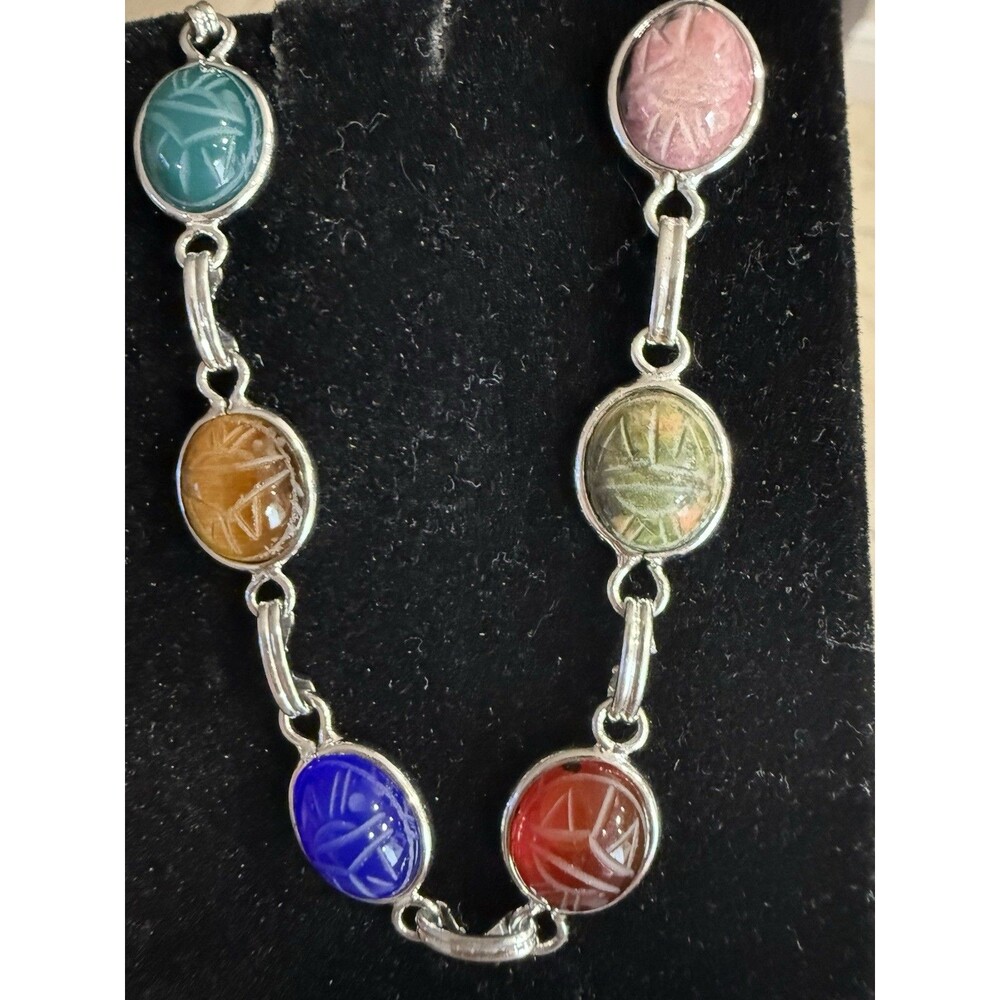 Vintage Egyptian Scarab Bracelet Signed A&Z Ster 6 Carved Stones Rare - Picture 14 of 16